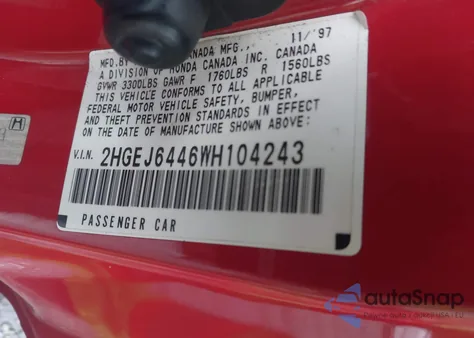 1998 Honda Civic Dx from USA, damaged, VIN 2HGEJ6446WH104243